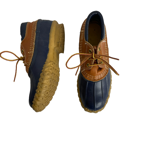 Women's 6 L.L.Bean Vtg Navy Blue Rubber Leather Trim Lace-Up Outdoors Duck Boots - Picture 4 of 10